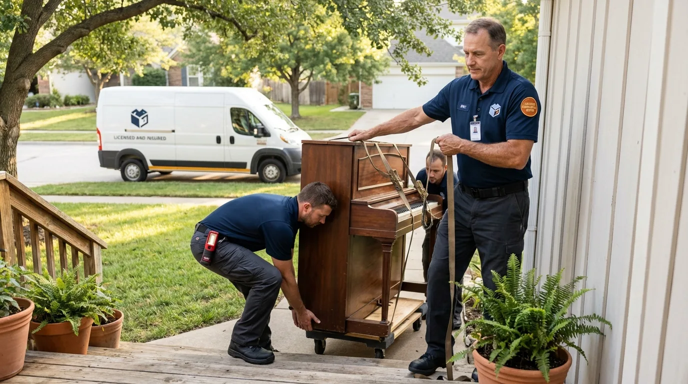 Licensed piano movers securing grand piano in Tillson, NY