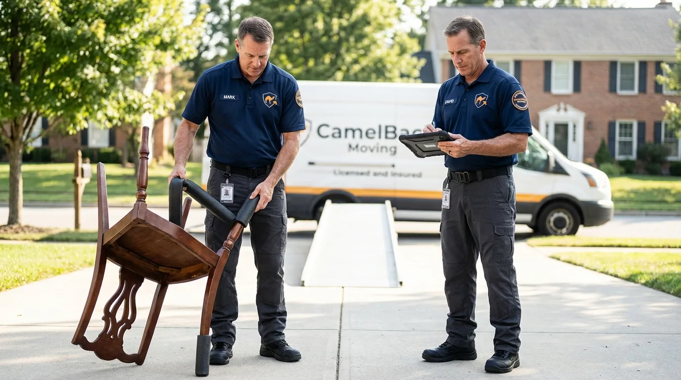 Movers inspecting furniture for damage prevention before loading in Tillson, NY