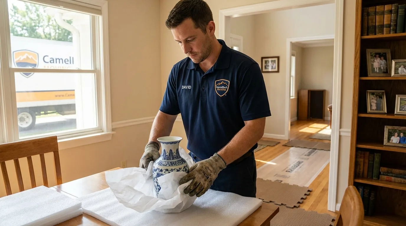 Professional crew carefully wrapping antique vase for senior downsizing move in Tillson, NY
