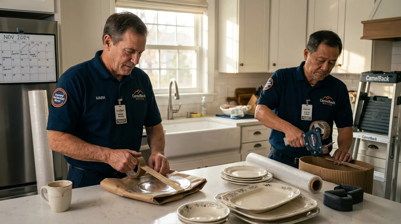 Professional crew packing kitchen dishware in Tillson, NY